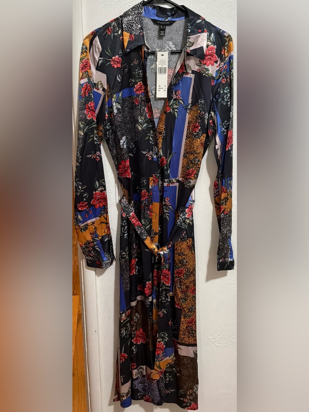 #60 NWT Long Tall Sally Satin Tie Waist Shirt Multicolor Dress Size 6